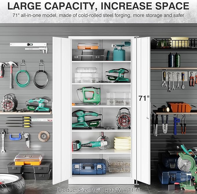 White Metal Storage Cabinet with 2 Doors and 6 Shelves,71" Tall Metal Cabinet with Lock,Lockable Garage Storage Cabinets,Locking File Cabinet,Steel Tool Cabinets for Home,Office,Garage,Shop