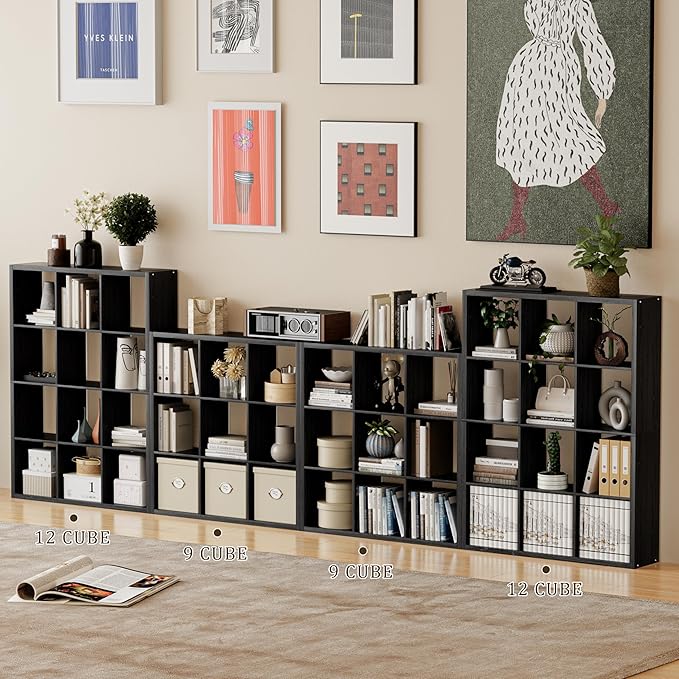 Cube Storage Organizer Bookcase, Decorative 11 inch Open Back Cubical Shelf with Thickened Border, Display Bookshelf for Living Room, Home Office, Sturdy Room (Black, 12 Cube)