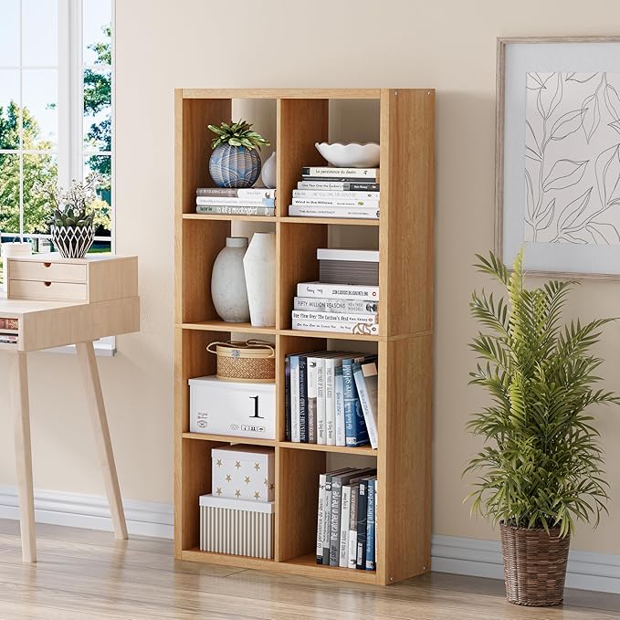 Cube Storage Organizer Bookcase, Decorative 11 inch Open Back Cubical Shelf with Thickened Border, Display Bookshelf for Living Room, Home Office, Sturdy Room (Natural Oak, 8 Cube)