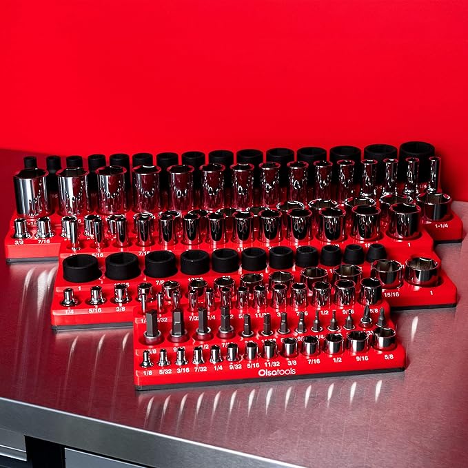 Olsa Tools Magnetic Socket Organizer (3/8-Inch Drive, 3 Row) - Magnetic Tool Organizer & Holder - SAE Red - Holds 39 Sockets - Professional Grade - Part: 1547