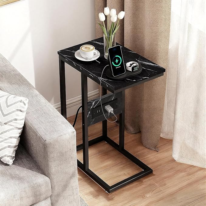 VECELO C Shaped End Side Table with Charging Station & Power Outlets for Couch Sofa/Bed, Snack TV Tray with Metal Frame for Living Room Bedroom 1 PCS, Black Marble