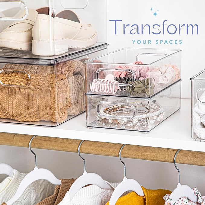 primebox Plastic Food Storage 2 Pack Clear Container Bin with Handles for Organizing Kitchen, Pantry, Refrigerator, Freezer, Pantry, Cabinet, Closet, Bathroom. Stackable 10”x6”x3”
