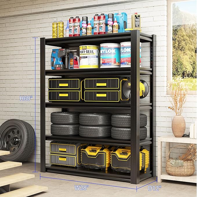 Metal Storage Shelving Heavy Duty, Shelves Unit for Garage, Adjustable 5 Tier Storage Rack, Industrial Utility Shelf for Garage, Warehouse, Basement, Kitchen,12" D x 27.6" W x 60.8" H, Black