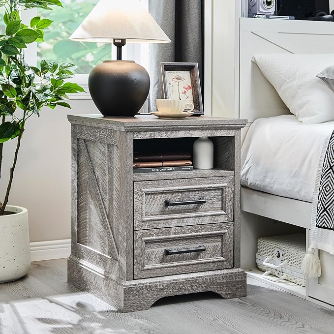 ACCOHOHO 18" Farmhouse Nightstand with Charging Station,End Table with 2 Drawers Storage,Side Table,Bedside Cabinet for Bedroom,Living Room,Grey