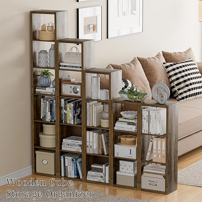Cube Storage Organizer Bookcase, Small 4 Tier 11 inch Open Back Cubical Shelf with Thickened Border, Display Bookshelf for Living Room, Home Office, Sturdy Room (Brown, 4 Cube,Vertical)