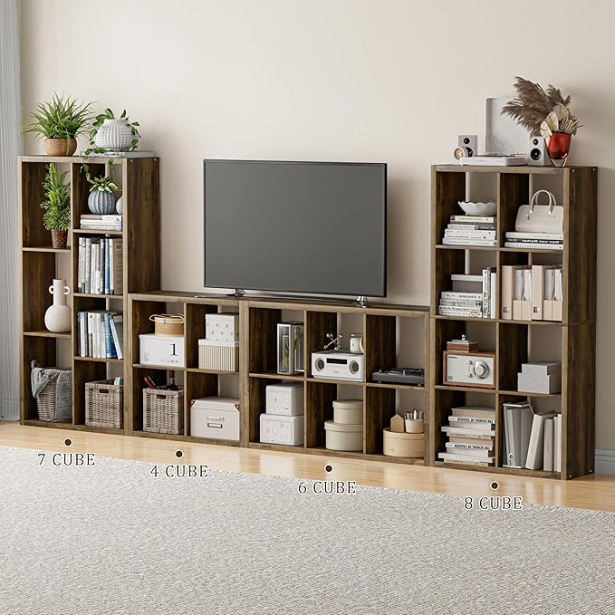 Cube Storage Organizer Bookcase, Decorative 11 inch Open Back Cubical Shelf with Thickened Border, Display Bookshelf for Living Room, Home Office, Sturdy Room (Brown, 4 Cube)