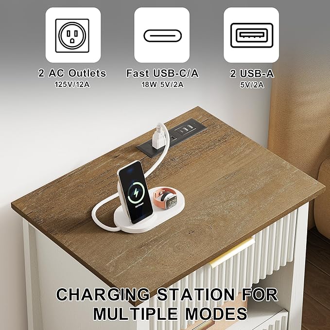 HIFYOBRO Fluted Nightstands with Charging Station & Motion Sensor Light, Modern Bedside Tables with 2 Drawers and Storage Shelf for Bedroom, White