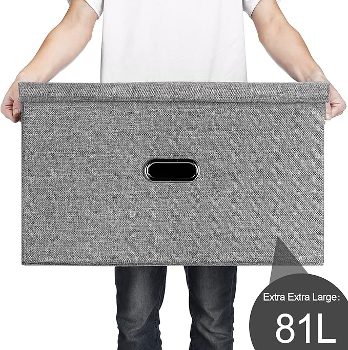 Large Linen Fabric Foldable Storage Bins with Removable Lid and Handles, Washable Storage Box Organizer Containers Baskets Cube with Cover for Bedroom,Closet,Office,Nursery (Khaki, XXL)