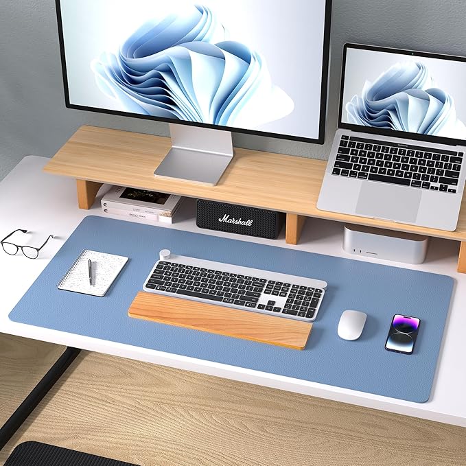 Aothia Leather Desk Pad Protector, Office Mat, Large Mouse Pad, Non-Slip PU Leather Blotter, Laptop Desk Pad, Waterproof Writing Pad for Office and Home (Denim Blue, 31.5" x 15.7")