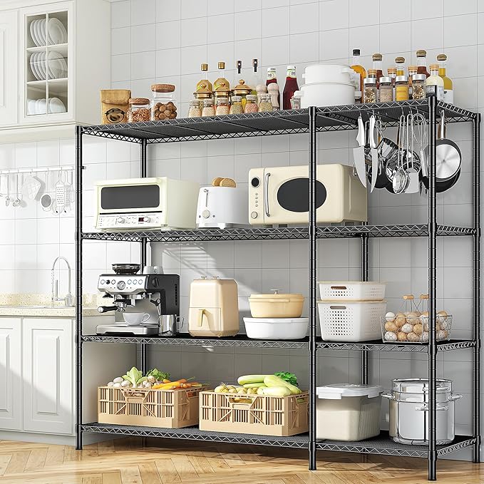 52.4W Wire Shelving Rack, 4Tier Metal Shelving Unit,1120LBS Heavy Duty Storage Shelves,Adjustable Pantry Shelves, Metal Shelf and Storage Rack,Industrial Shelving 52.4Wx13.8Dx59H,Black