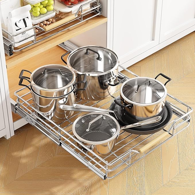Pull out Cabinet Organizer, 15"W X 21"D, Heavy Duty Smooth Sliding Under Cabinet Shelves for Pots and Pans, Full-Extension Roll out Drawers, Slide out Organization for Home Kitchen Pantry