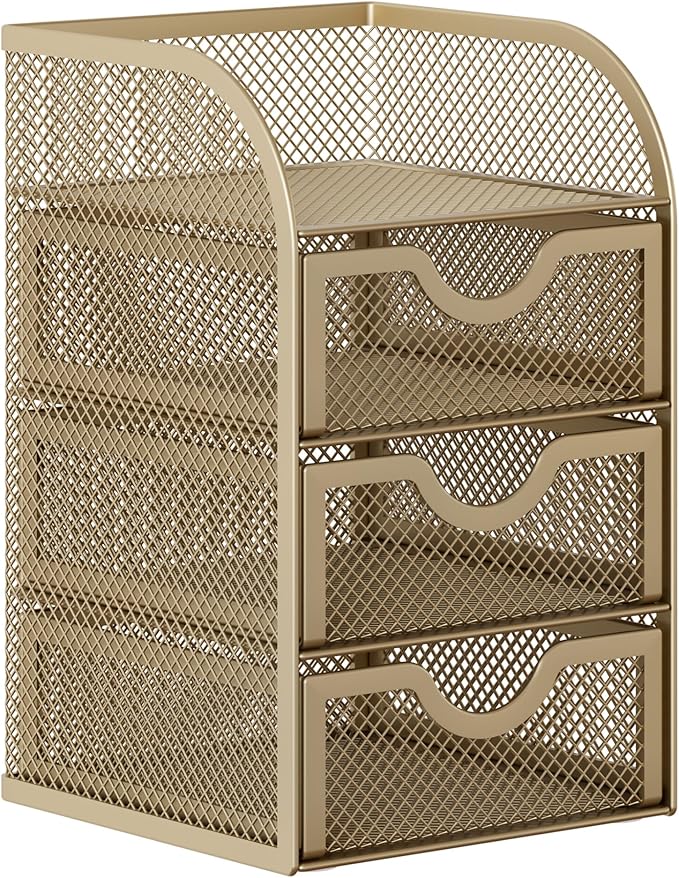 EasyPAG Mesh Desk Organizer with 3 Drawer Office Desktop Organizers and Accessories Stationery Caddy for Office, Home, Students, Gold