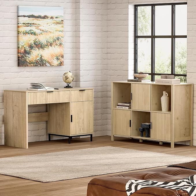 Fluted Storage Bookshelf Set of 2, Modern Wood Floor 6 Cube Bookcase with Doors and Open Shelf, 2-Tier Short Organizer Shelf for Living Room, Bedroom Light Oak