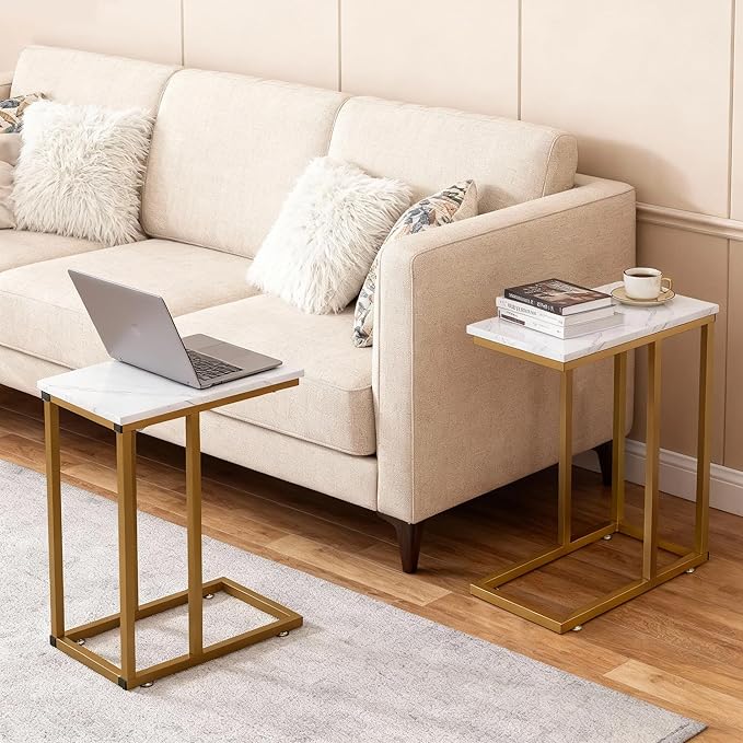 VECELO C Shaped End Side Table for Sofa Couch and Bed Snack TV Tray for Living Room Bedroom, 1 PCS, Gold