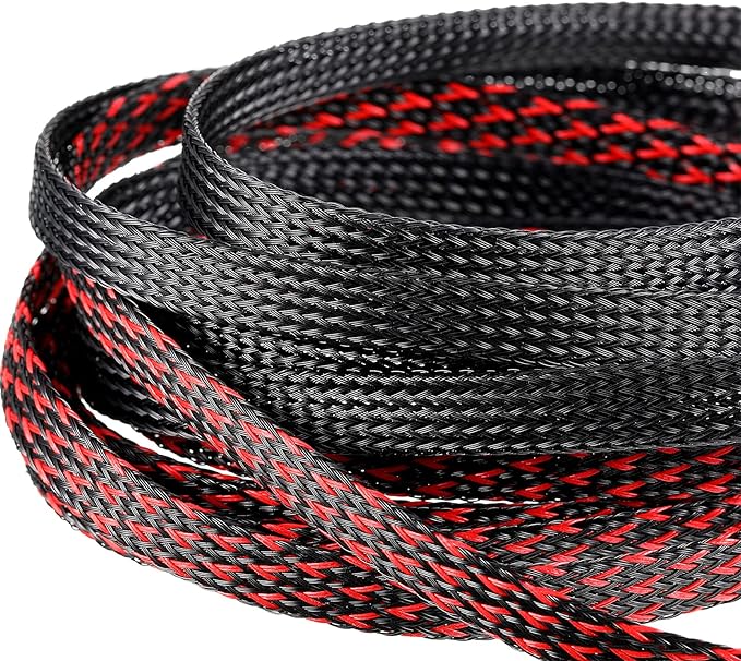 Xuniea 96ft Wire Loom Braided Cable Sleeve Covers Cord Management with 127 Pcs Tube Heat Shrinkable for Audio Video Cable Cord Protectors from Pets(1/4, 3/4, 1 Inch,Black and Red)