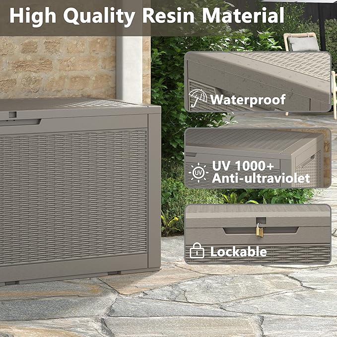 100 Gallon Deck Box Lockable Resin Outdoor Storage Box waterproof Outdoor Container for Patio Furniture Cushions, Pillow
