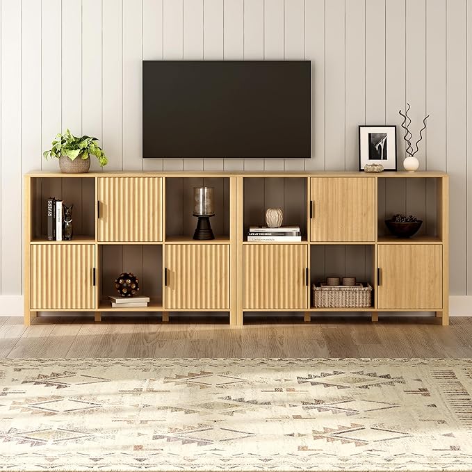 Fluted Storage Bookshelf, Modern Wooden 6 Cube Bookcase with Doors and Open Shelf, 2-Tier Short Organizer Shelf for Living Room, Bedroom Natural Oak
