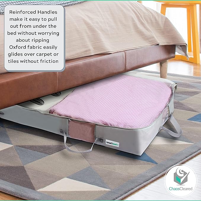 Under Bed Storage Containers for Toys, Clothes, Shoes etc. Underbed Organizer Bag that slides Under the bed without friction or wheels. Low profile 6 height is great for under the couch or other