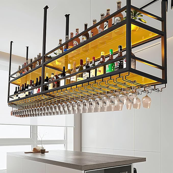 39.3IN Acrylic Ceiling Wine Glass Rack with Transparent Shelves, Hanging Wine Rack with Glass Holder and LED lights, 2 Layer Ceiling Bottle Holder Shelf for Bar Kitchen Decorate (39.3in/100cm)