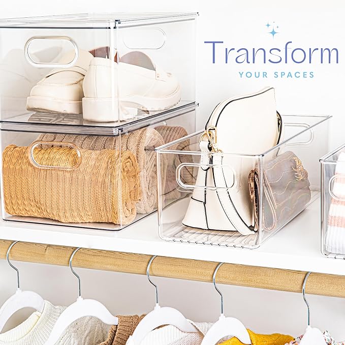 primebox Plastic Food Storage 4 Pack Clear Container Bin with Handles for Organizing Kitchen, Pantry, Refrigerator, Freezer, Pantry, Cabinet, Closet, Bathroom. 16”x6”x5”