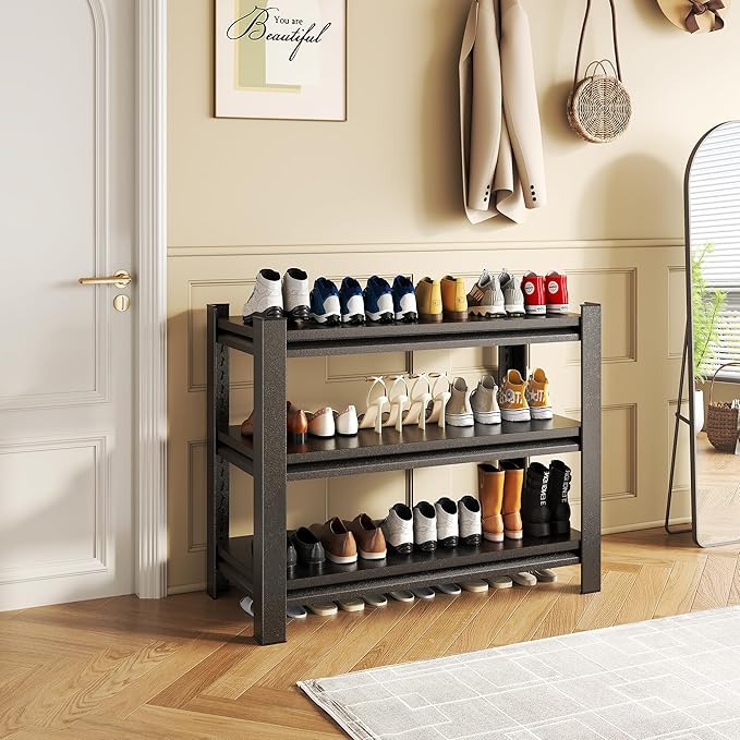 Storage Shelves, Garage Metal Shelving Unit, Adjustable, Double-Layer Column with Reinforced Ribs, Heavy-Duty, Capable of Bearing 600-3600 lbs (Black, 32 * 20 * 14, 3-Tier)
