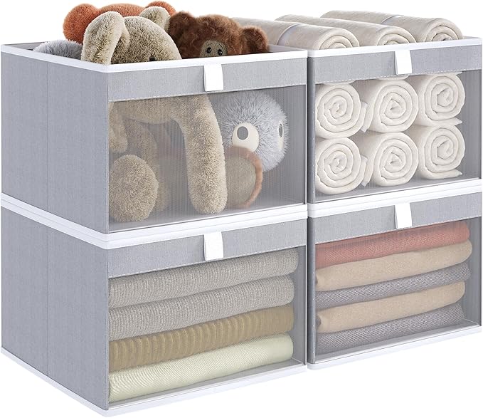 Linen Closet Organizers and Storage, Closet Storage Bins Basket Organizer, Foldable Organization Baskets with Mesh Window for Clothes Towels and Toys, 14.5" x 14.5" x 10.25", Gray, 4 pack
