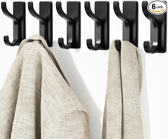 pickpiff Adhesive Wall Hooks for Hanging - 13 LB Strong Hold, Sticky Hanger for Coat, Towel, Purse, Bag - for Wall, Door, Bathroom, Dorm, Shower, Kitchen, Closet - Stainless Metal, Black, 6 Pack