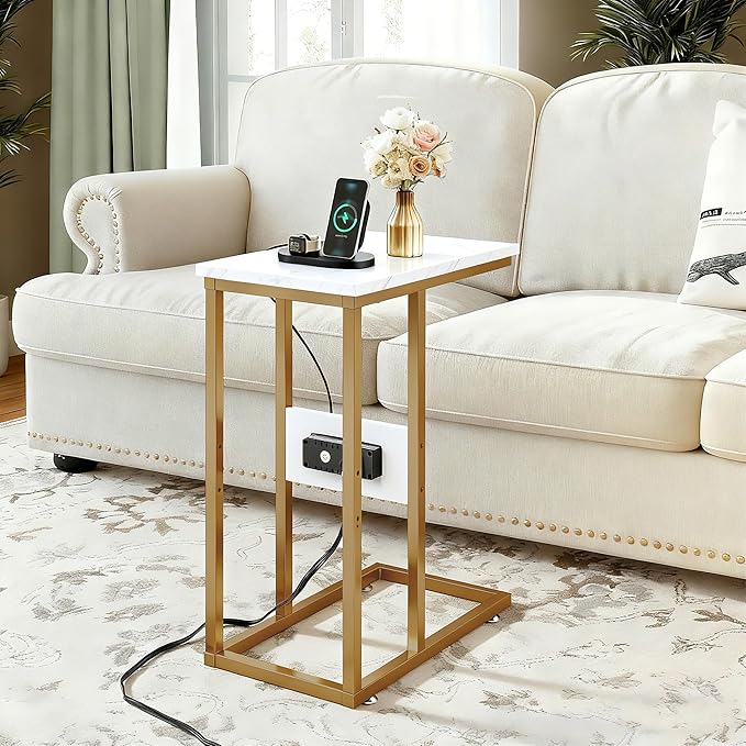VECELO C Shaped End Side Table with Charging Station & Power Outlets for Couch Sofa/Bed, Snack TV Tray with Metal Frame for Living Room Bedroom 1 PCS Gold