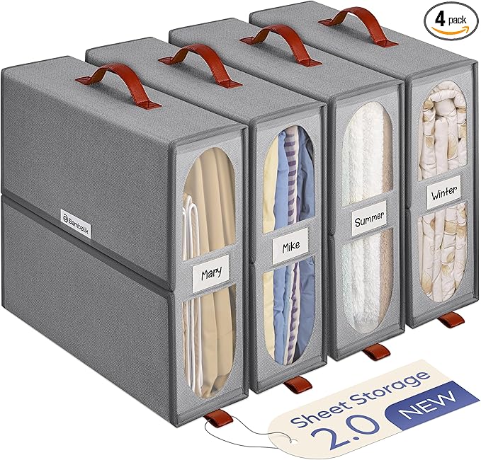 4x Bed Sheet Organizer Storage Boxes with Big See-Through Windows - Bedsheet Organizers Redesigned. Robust Bed Sheet Storage -15x13x5 Inches Sheet Organizers Containers (Gray)
