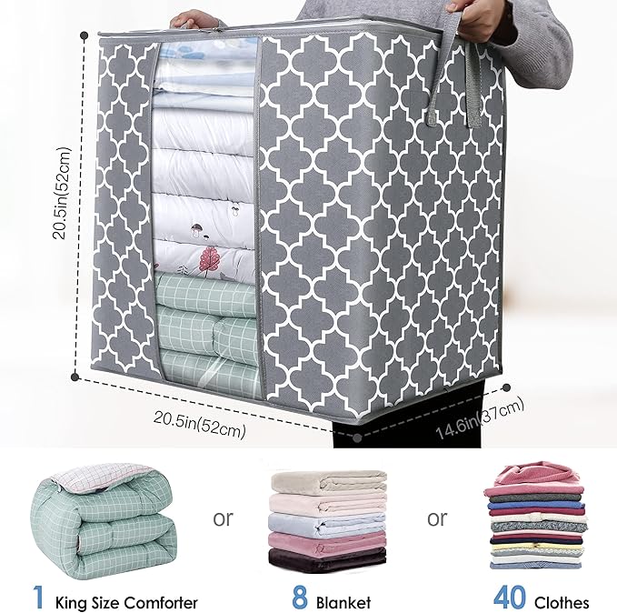 WISELIFE Storage Bags 2 Pack/100L Large Blanket Clothes Organization and Storage Containers for Comforters,Bedding, Foldable Organizer with Reinforced Handle, Clear Window, Sturdy Zippers,Light Gray
