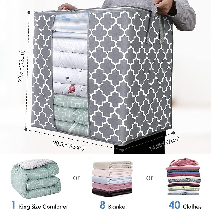 WISELIFE Storage Bags 4 Pack/100L Large Blanket Clothes Organization and Storage Containers for Comforters,Bedding, Foldable Organizer with Reinforced Handle, Clear Window, Sturdy Zippers,Light Gray
