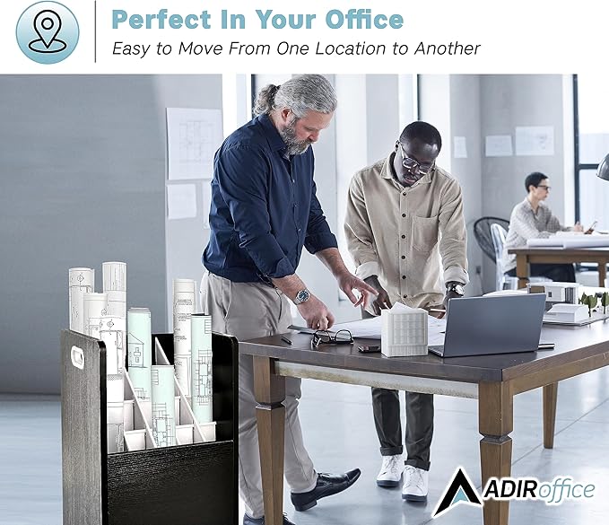 AdirOffice Adir Blue Print Storage Organizer - Mobile Roll File Cart, Construction Plan Holders, Blueprint Cabinet with Wheels, Roll Files Storage for Office and Home (20 Slots, Black)