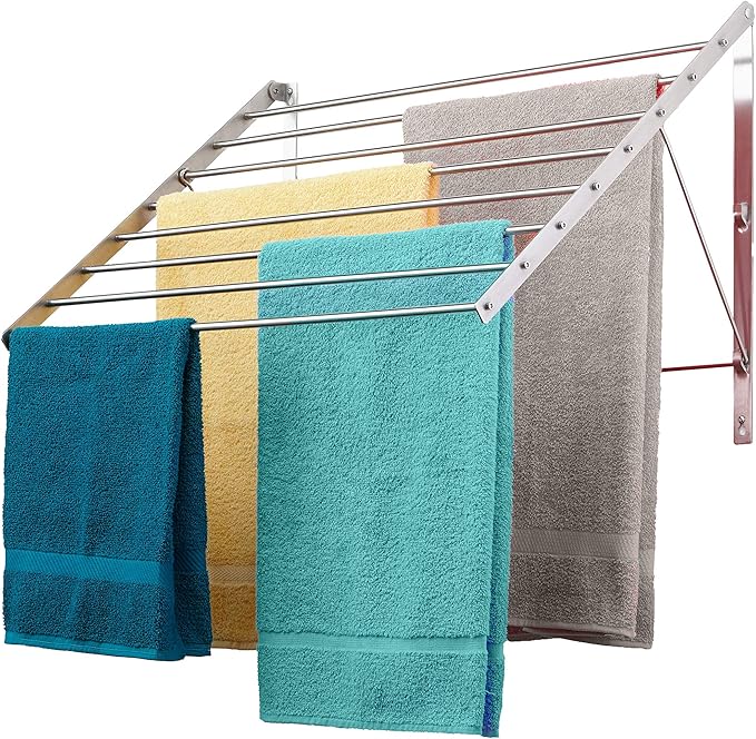 Smartsome | Wall Mounted | Clothes Drying Rack| 22" Wide |15 Linear Feet Capacity | 8 Smooth Round Stainless Steel Rods | 60 lb Capacity | Fully Assembled | Compact Sturdy Space-Saving Design