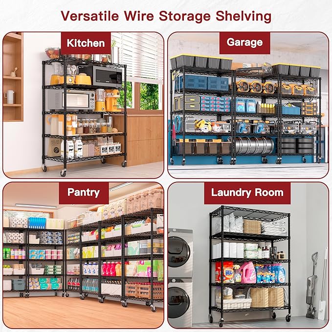 PrimeZone Wire Shelving Unit with Wheels, 5 Tier Adjustable NSF Certified Heavy Duty Metal Storage Shelves, Pantry Organizer Rack Rolling Kitchen Shelf for Closet, 24" W x 18" D x 75" H, Black, 2 PCS