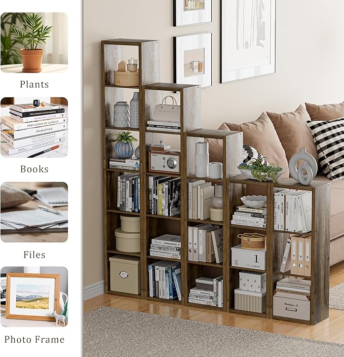 Tall Cube Storage Organizer Bookcase, 5 Tier 11 inch Open Back Cubical Shelf with Thickened Border, Display Bookshelf for Living Room, Home Office, Sturdy Room (Brown, 5 Cube,Vertical)