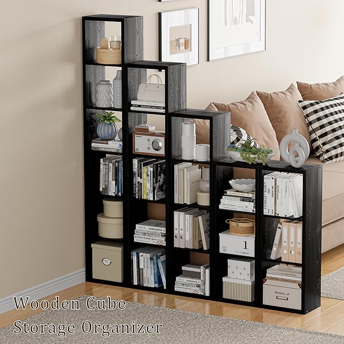 Cube Storage Organizer Bookcase, Small 4 Tier 11 inch Open Back Cubical Shelf with Thickened Border, Display Bookshelf for Living Room, Home Office, Sturdy Room (Black, 4 Cube,Vertical)
