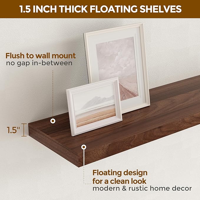 Floating Shelves 48 Inch Long, 48"W x 9.3"D Wall Shelf Invisible Bracket, 9.3 Inch Deep Floating Shelf for Wall, Rustic Wooden Shelves for Living Room, Kitchem, Bedroom, Walnut Color, Set of 1