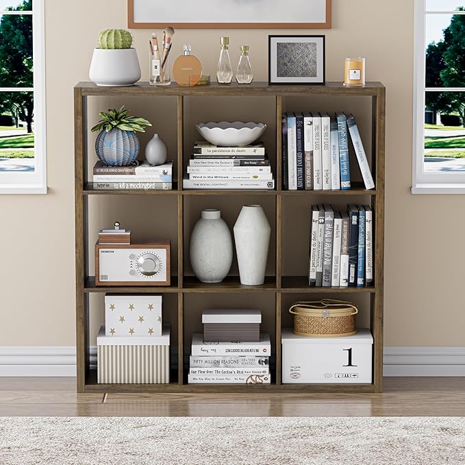 Cube Storage Organizer Bookcase, Decorative 11 inch Open Back Cubical Shelf with Thickened Border, Display Bookshelf for Living Room, Home Office, Sturdy Room (Brown, 9 Cube)