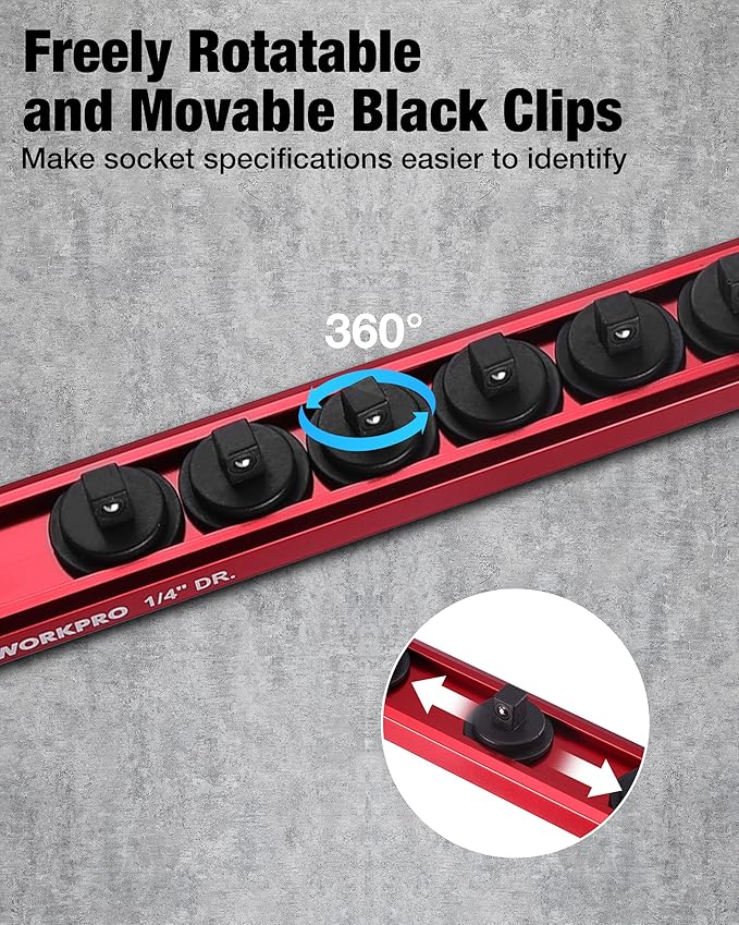 WORKPRO Magnetic Socket Organizer Set, 1/2" 3/8" 1/4" Drive Aluminum Alloy Socket Holder, 3PC Socket Rail with Removable Socket Clips, Socket Organizer Tray for Tool Box Drawer (Sockets Not Included)
