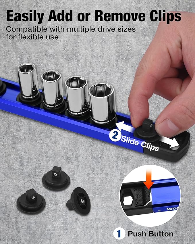 WORKPRO Magnetic Socket Organizer, 1/4" Drive Aluminum Alloy Socket Holder, Heavy Duty Socket Rail with 12 PC Removable Socket Clips, Socket Organizer Tray for Tool Box Drawer (Sockets Not Included)