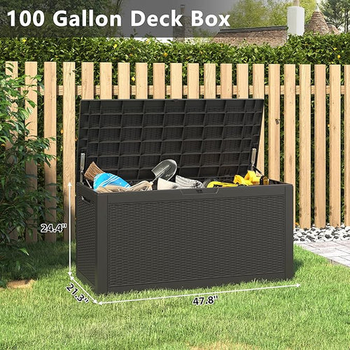 100 Gallon Deck Box Lockable Resin Outdoor Storage Box waterproof Outdoor Container for Patio Furniture Cushions, Pillow