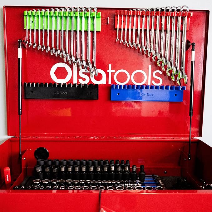 Olsa Tools Magnetic Wrench Organizer, Black - 15 Slot Wrench Holder Rack - SAE and Metric Wrench Storage Rail for Toolbox or Wall - Scratch Free Magnetic Wrench Organizer for Mechanics - Part: 1874