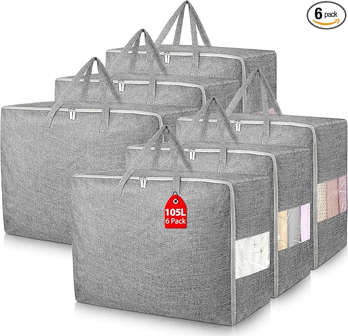 6Pack 105L Extra Large Storage Bags, Folding Moving Comforter Blanket Storage Bags Closet Organizers and Storage Containers for Clothes with Strong Handles&Zippers Clear Window for Bedding Pillow Grey