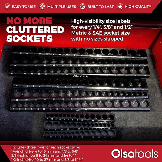 Olsa Tools Magnetic Socket Organizer | 6pc Socket Holder Kit | 1/2-Inch, 3/8-Inch, & 1/4-Inch Drive | Socket Organizers For Toolboxes | Black | Holds 273 | Professional-Grade Tool Organizer |Part 1666