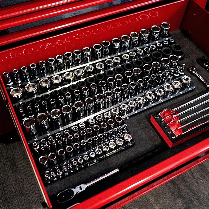 Olsa Tools Magnetic Socket Organizer | 6pc Socket Holder Kit | 1/2-Inch, 3/8-Inch, & 1/4-Inch Drive | Socket Organizers For Toolboxes | Black | Holds 273 | Professional-Grade Tool Organizer |Part 1666
