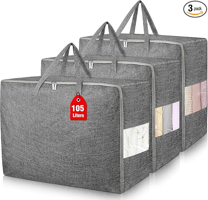 3Pack 105L Extra Large Storage Bags, Folding Comforter Blanket Storage Bags Closet Organizers and Storage Containers for Clothes with Strong Handles&Zippers Clear Window for Bedding Pillow Black