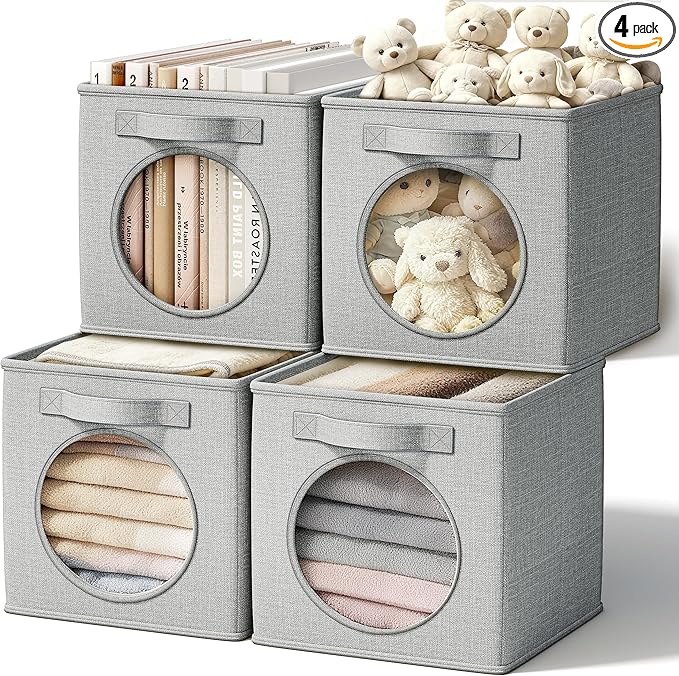 Vailando Foldable Fabric Storage Cube with Round Window - 4 Pack 11"x11"x11" Collapsible Closet Organizer Bins for Clothes, Shelves, Offices, Toys & Misc, Light Gray