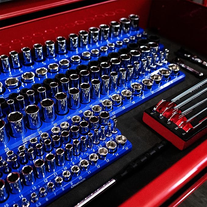 Olsa Tools Magnetic Socket Organizer | 6pc Socket Holder Kit | 1/2-Inch, 3/8-Inch, & 1/4-Inch Drive | Socket Organizers For Toolboxes | Blue | Holds 273 | Professional-Grade Tool Organizer | Part 1669