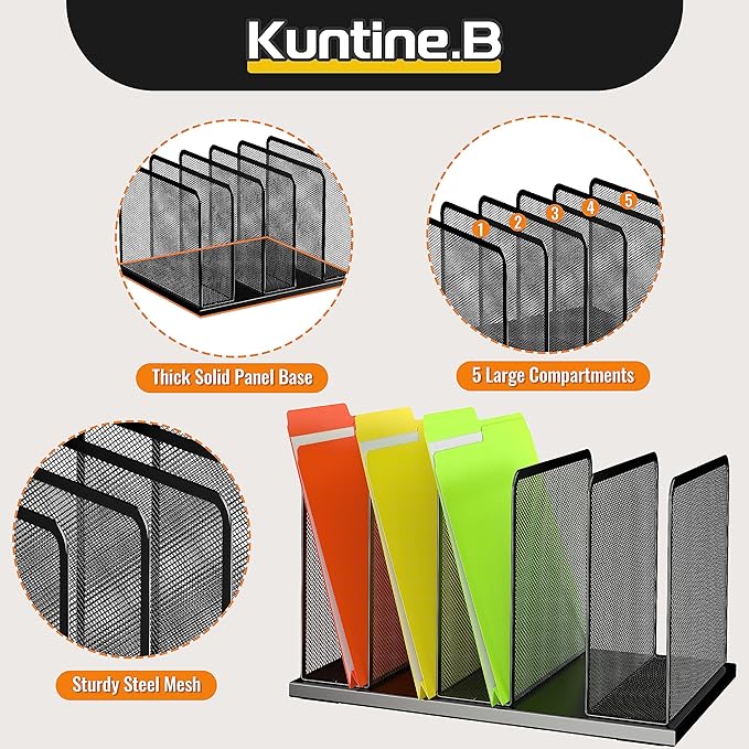 Kuntine.B Desk File Organizer 5 Sections Upright Mesh Desktop Organizer File Sorter Office Organization File Holder for Home, Office & Classroom