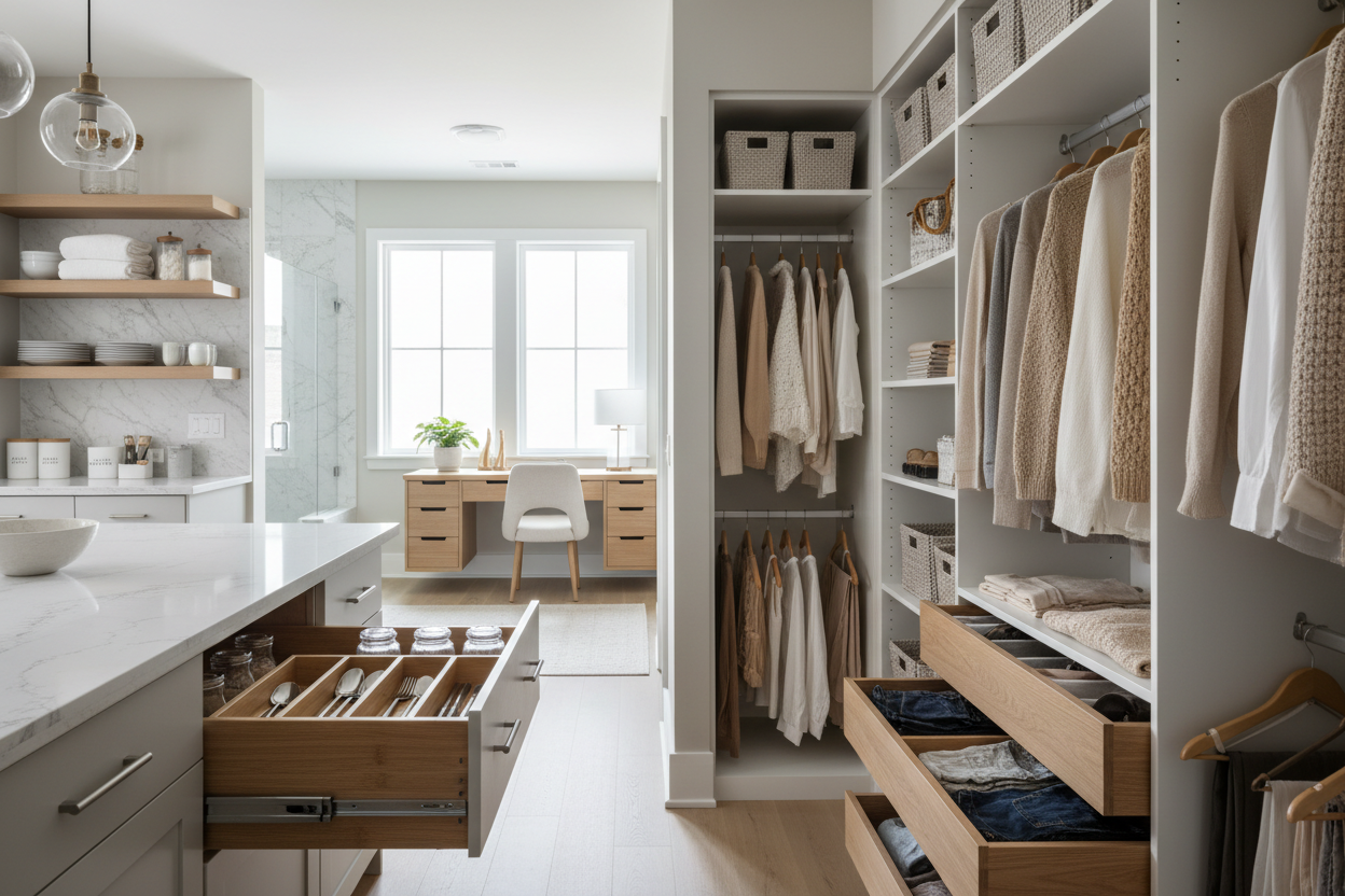 House2Order helps American homes stay tidy, stylish, and stress-free. We offer high-quality storage & organization solutions for closets, kitchens, bathrooms, garages, and offices. Durable, practical, and easy-to-use products designed to simplify your life and create calm, organized spaces. (make it  real photo)